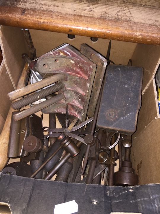 A box of vintage tools to include metalwork, etc.