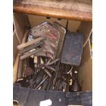 A box of vintage tools to include metalwork, etc.