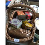 Vintage wicker basket, tins etc