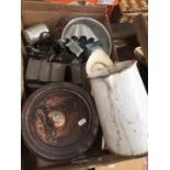 A box of misc including kitchen utensils, clock, colander etc