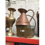 A large brass jam pan, a large copper jug and a large brass Oriental style vase.