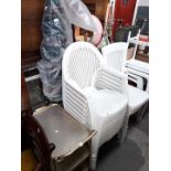 A quantity of white plastic chairs, tea trolley and a parasol