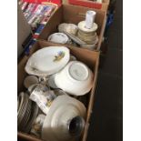 Two boxes of cups, plates, saucers, etc