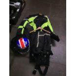 Motorbike jacket, trousers and crash helmet
