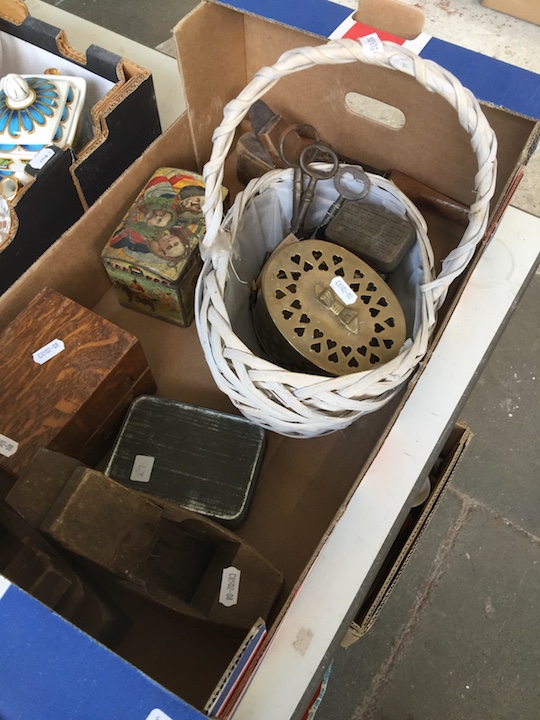 A mixed lot comprising a basket including three old keys, Bunnykins china, old planes etc.