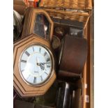 A box of assorted items including clocks, barometer, cutlery etc