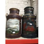 2 vintage milk churns, painted in Tyrol style - one possibly Dutch and other Austrian.