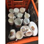 A box of royal ephemera pottery mugs