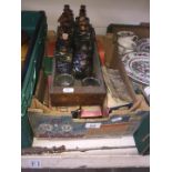 Box of vintage night lights and wooden drawer of bottles
