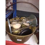 A brass jam pan with mainly brass contents to include tea pot, ornaments, candle holders and a