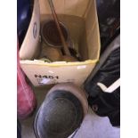 A box of copper and brassware including coal bucket and post horn