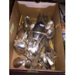 A box of silver plated cutlery, etc.