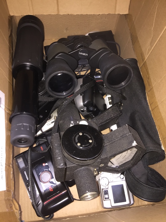 A box of photographic equipment and cameras, to include Scout spotting scope, Minolta binoculars,