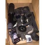 A box of photographic equipment and cameras, to include Scout spotting scope, Minolta binoculars,