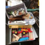 Three boxes of misc bric-a-brac, dolls house furniture, pottery ornaments etc