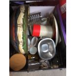 A box of misc pottery, kitchen items and a large bowl, etc.
