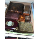 Art nouveau pokerwork box and 6 others