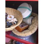 A dog basket complete with a picnic set, pottery ornaments, boxed hip flask set etc