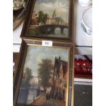 Early 20th century Dutch school, pair, canal scenes, oil on board, 15.5cm x 20cm, one indistinctly