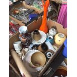 Box of pottery and some coloured glass vases