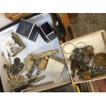 A box of jewellery, rings, misc items to include sewing and measuring items.