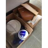 Two boxes of kitchenware, pottery. plates, pyrex etc