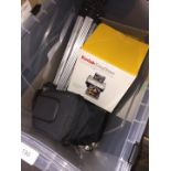 A box of camera items, tripod, Kodak easy share printer etc