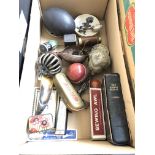 A box of collectables including ostrich egg, harmonicas etc