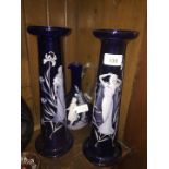 Mary Gregory style pair of blue glass vases and a jug