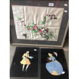 Two framed and glazed Eastern embroidered pictures and pair of reverse paintings on glass.