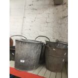 2 galvanised buckets, a galvanised mop bucket, a galvanised watering can and a brass jam pan.