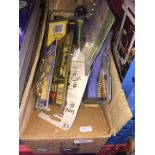 A box of misc auto lamps, pumps, boxed tools, etc