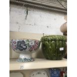 Pottery bowl and green jardinire