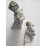A Lladro figure "Angel playing flute" & a Nao figure "Angel playing the harp" -
