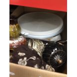 A box of misc to include pottery vases, teapot, game, some lace, etc