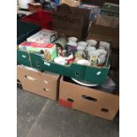 3 boxes of pottery, cups, kitchen items, etc.