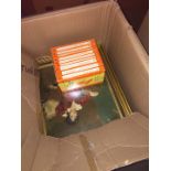 A box of misc pictures to include tapestry and Sherlock Holmes novels