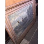A 19th century large gilt framed oil on canvas, abbey in ruins, unsigned, 90 x 60cm.
