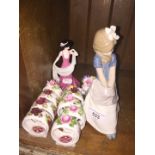 Nao figure, small Coalport figure and some Royal Albert serviette rings