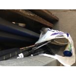 7 Badminton rackets and tube of shuttlecocks