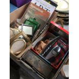 A box of vintage tools and costume jewellery and a box of picture frames and books
