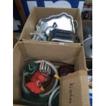 2 boxes of kitchenware to include chromed, stainless steel, toaster, pottery pots, cutlery, tray,