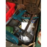 A box of misc tools to include 2 pillar drill stands, etc.