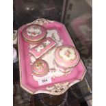 Pink porcelain dressing table tray and pots (one broken)