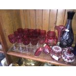 Cranberry glass inc white enamel pieces and epergne with cloisonnŽ base