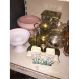 Pottery, modern four glass clock and brass etc.