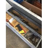 Metal cantilever toolbox and 1 other both with tools and pipe bender