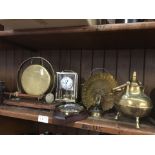 A collection of brassware to include a gong, peacock, teapot, a barometer, a clock, etc.