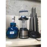 Blue pottery lamp and two modern table lamps