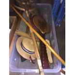 A box of collectable items to include bellows, washboard, beaters, walking stick, etc.